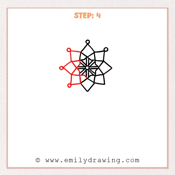 how to draw a dream catcher - A dream catcher web with additional kite-shaped weaving segments added around the center, forming a complete connected ring.